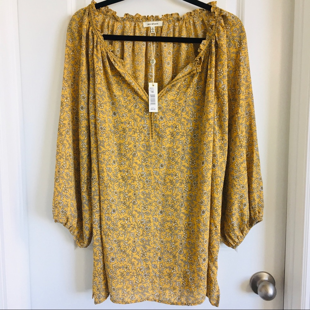 Max studio floral crepe ruffle split neck bubble long sleeve tunic plus size 1X